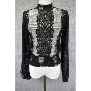 Black Lace Sheer Mesh Blouse Women S  Victorian High Neck Long Sleeve Whimsigoth